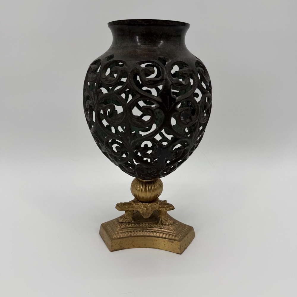 Vintage Ornate Openwork Metal Vase Gold Tone Turtle Base Filigree Scroll Design